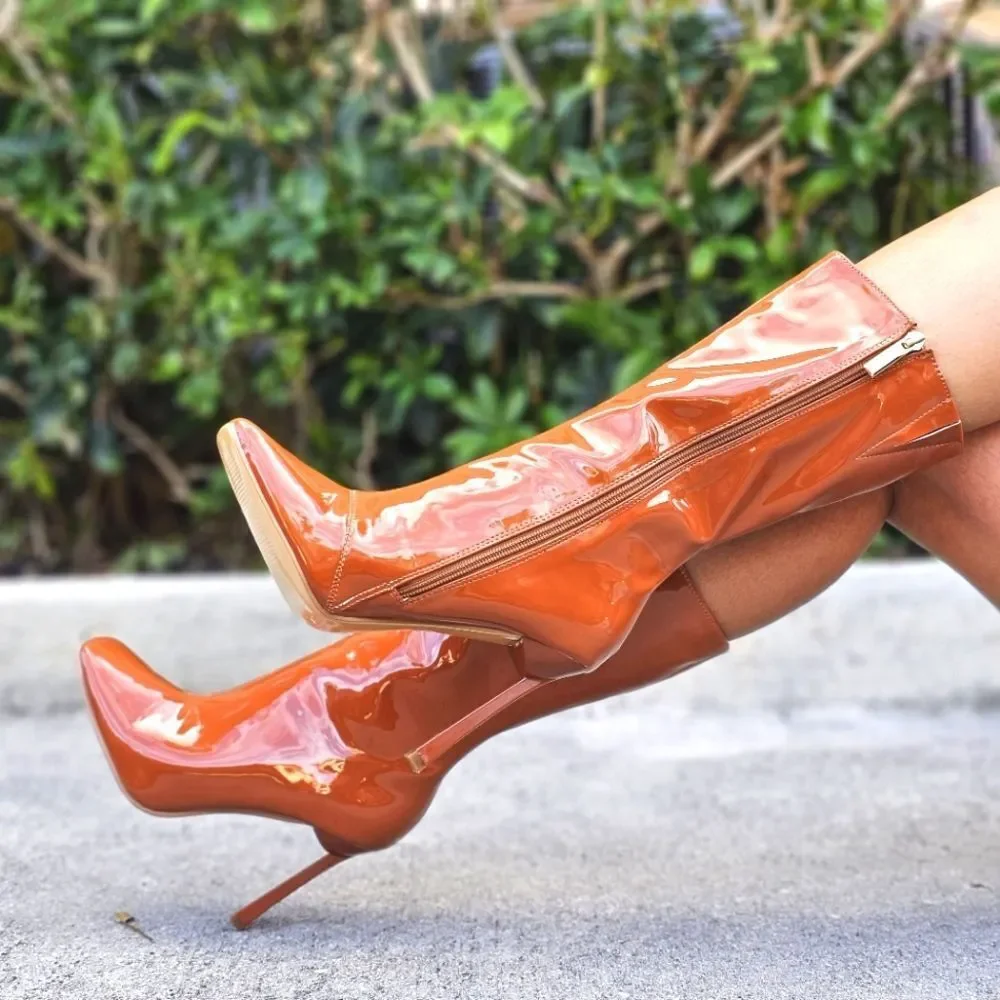 Women Mid Calf Square Toe Heel Boot Tan Color - Picture 1 of 6